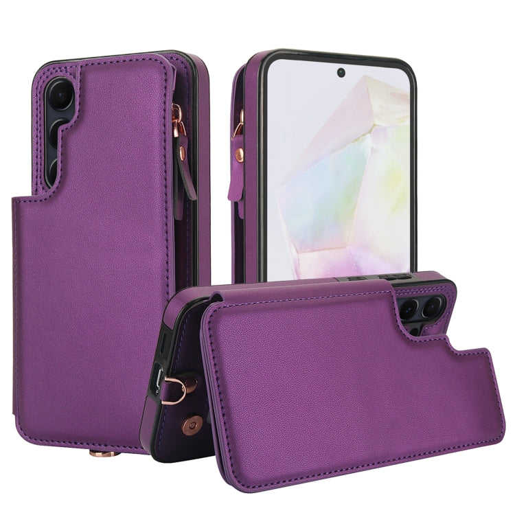 For Samsung Galaxy A35 5G Double Flap Zipper RFID Leather Phone Case with Short Lanyard