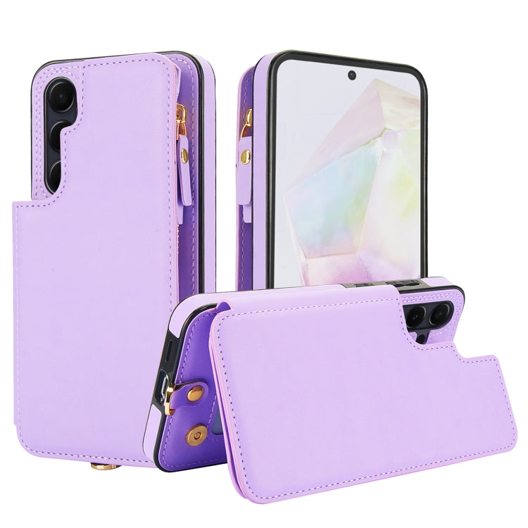 For Samsung Galaxy A35 5G Double Flap Zipper RFID Leather Phone Case with Short Lanyard