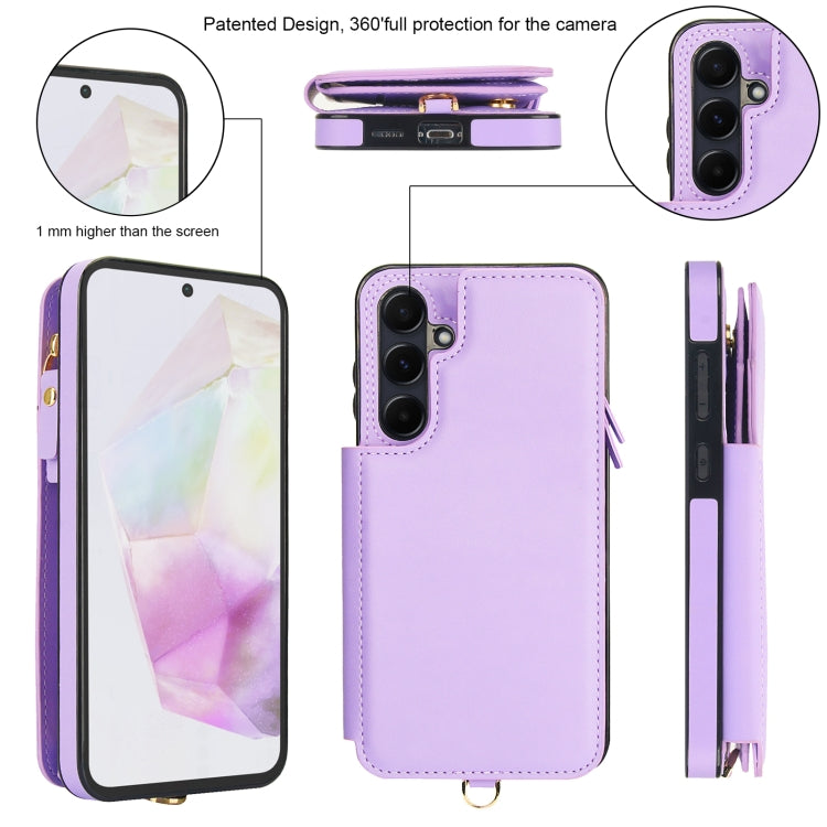 For Samsung Galaxy A35 5G Double Flap Zipper RFID Leather Phone Case with Short Lanyard