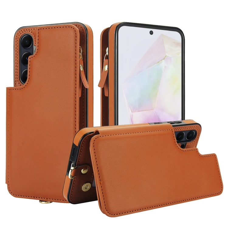 For Samsung Galaxy A35 5G Double Flap Zipper RFID Leather Phone Case with Short Lanyard
