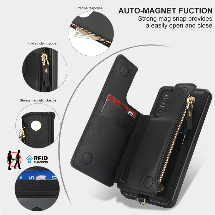 For Samsung Galaxy A52 5G Double Flap Zipper RFID Leather Phone Case with Short Lanyard