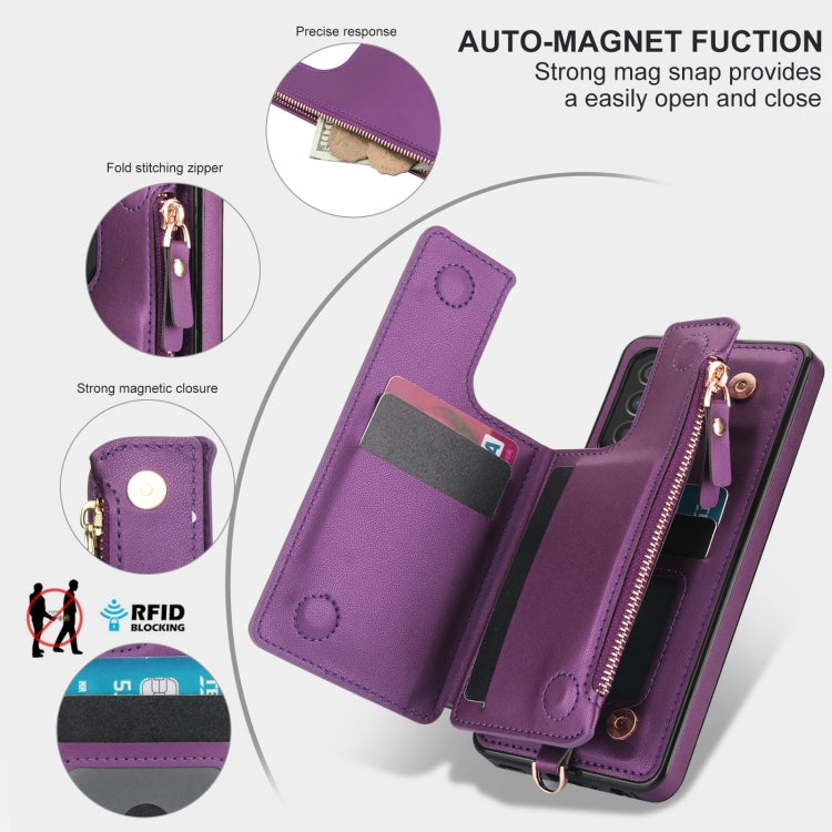For Samsung Galaxy A52 5G Double Flap Zipper RFID Leather Phone Case with Short Lanyard
