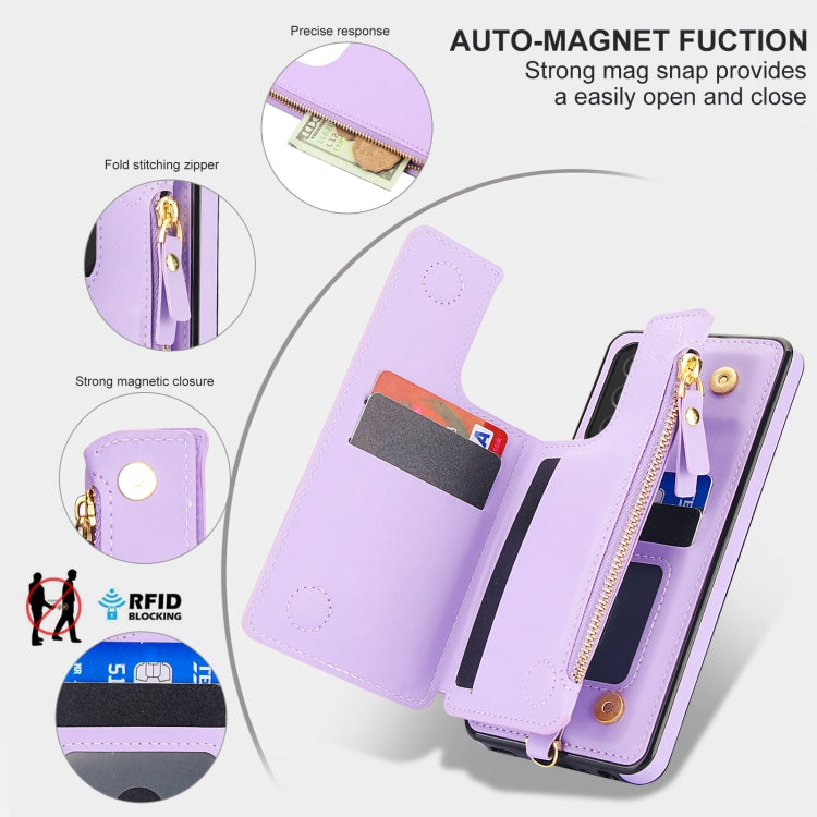 For Samsung Galaxy A52 5G Double Flap Zipper RFID Leather Phone Case with Short Lanyard