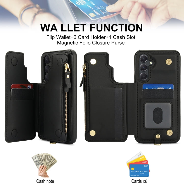 For Samsung Galaxy A54 Double Flap Zipper RFID Leather Phone Case with Short Lanyard
