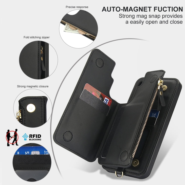 For Samsung Galaxy A55 5G Double Flap Zipper RFID Leather Phone Case with Short Lanyard