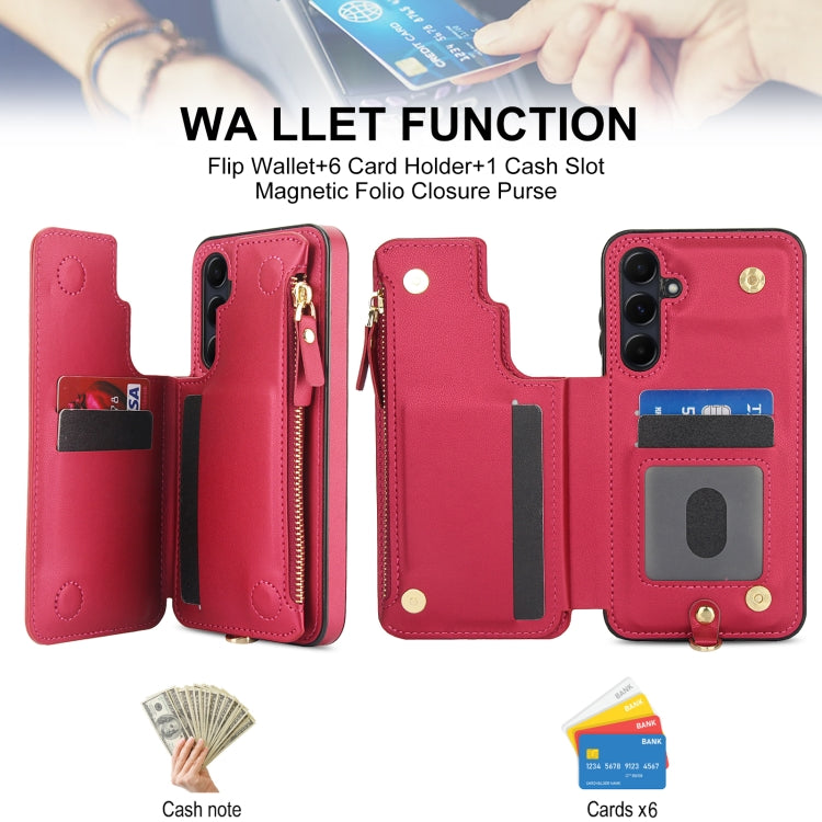 For Samsung Galaxy A55 5G Double Flap Zipper RFID Leather Phone Case with Short Lanyard