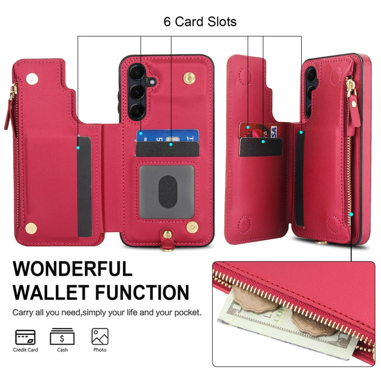 For Samsung Galaxy A55 5G Double Flap Zipper RFID Leather Phone Case with Short Lanyard