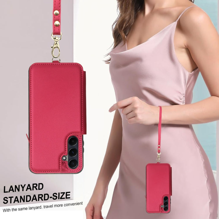 For Samsung Galaxy A55 5G Double Flap Zipper RFID Leather Phone Case with Short Lanyard