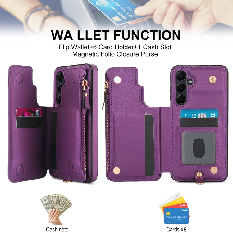 For Samsung Galaxy A55 5G Double Flap Zipper RFID Leather Phone Case with Short Lanyard