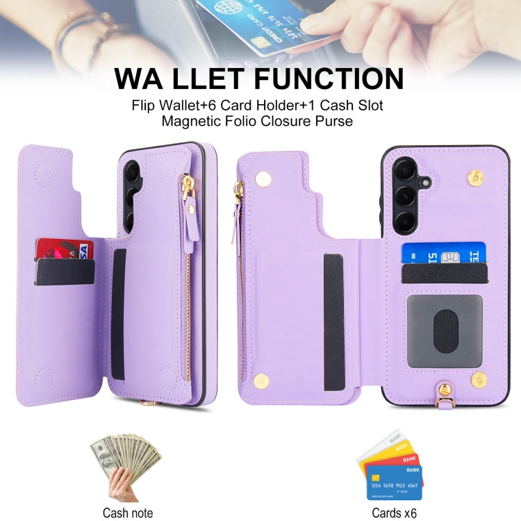 For Samsung Galaxy A55 5G Double Flap Zipper RFID Leather Phone Case with Short Lanyard