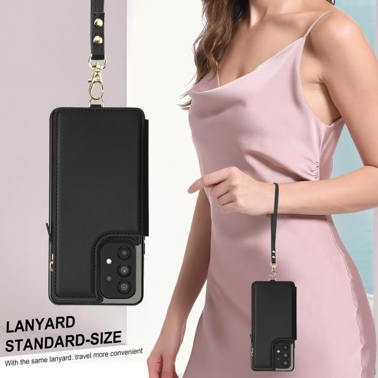 For Samsung Galaxy A73 5G Double Flap Zipper RFID Leather Phone Case with Short Lanyard