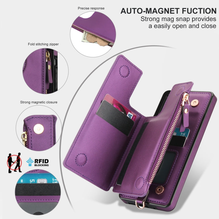 For Samsung Galaxy A73 5G Double Flap Zipper RFID Leather Phone Case with Short Lanyard