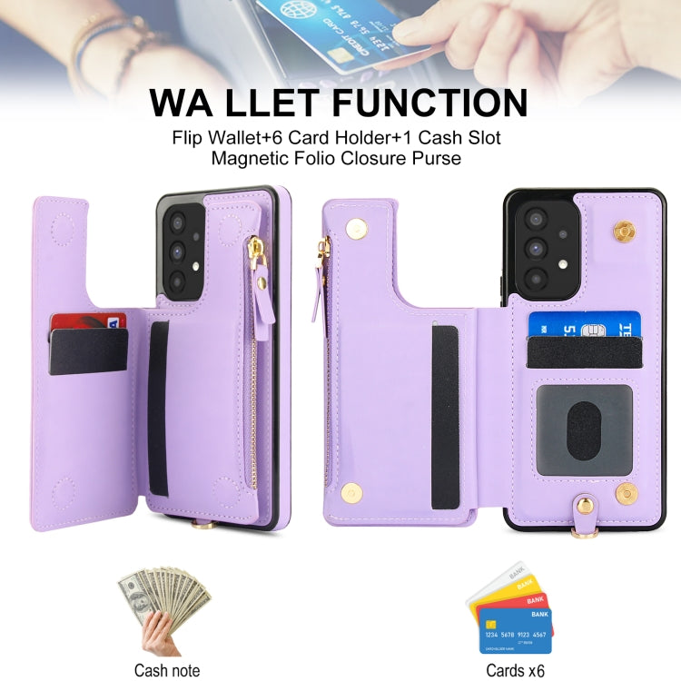 For Samsung Galaxy A73 5G Double Flap Zipper RFID Leather Phone Case with Short Lanyard