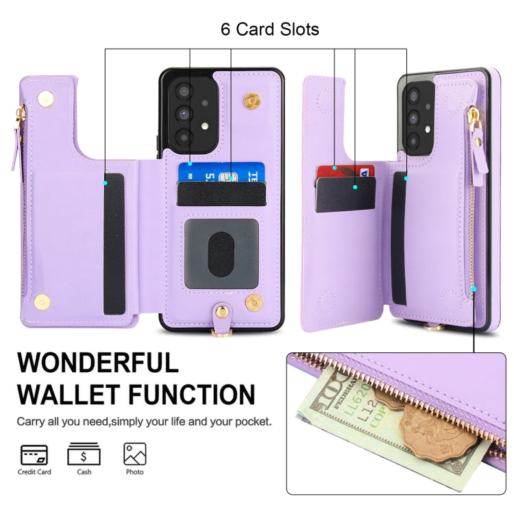 For Samsung Galaxy A73 5G Double Flap Zipper RFID Leather Phone Case with Short Lanyard
