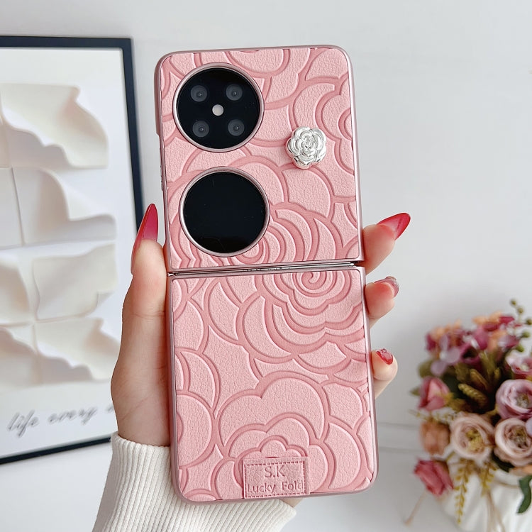 For Huawei P50 Pocket 3D Camellia Plaid Fabric DIY PC Phone Case