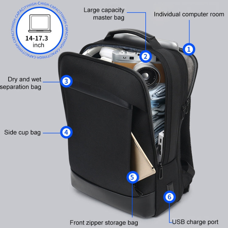 18 inch Multifunctional Large Capacity Waterproof Double-Shoulder Backpack with USB Interface - Black