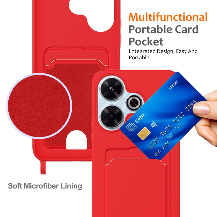 For Xiaomi Poco M6 4G / M6 Plus Integrated Card Bag Solid Color Liquid Silicone Phone Case with Lanyard