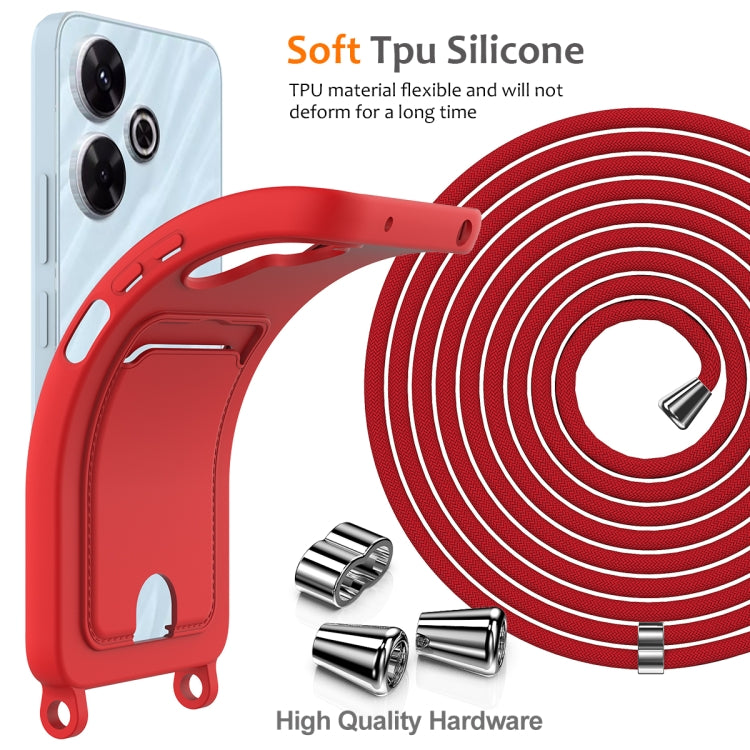 For Xiaomi Poco M6 4G / M6 Plus Integrated Card Bag Solid Color Liquid Silicone Phone Case with Lanyard