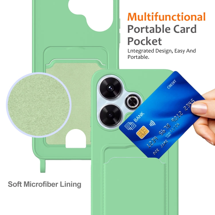 For Xiaomi Poco M6 4G / M6 Plus Integrated Card Bag Solid Color Liquid Silicone Phone Case with Lanyard