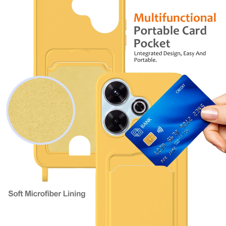 For Xiaomi Poco M6 4G / M6 Plus Integrated Card Bag Solid Color Liquid Silicone Phone Case with Lanyard