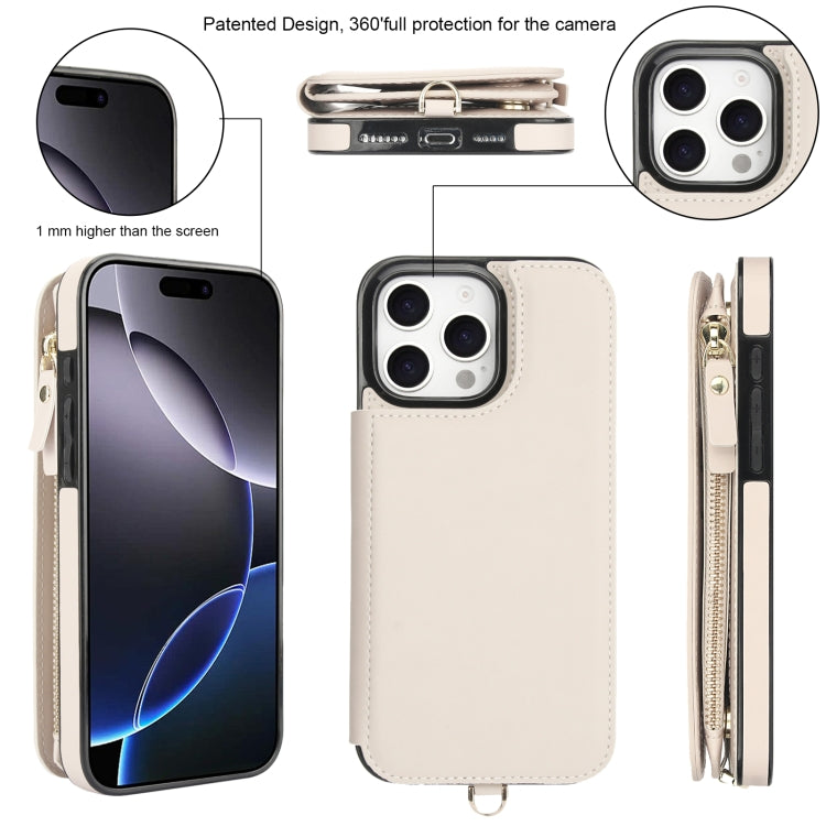 For iPhone 16 Pro Max Double Flap Zipper RFID Leather Phone Case with Short Lanyard
