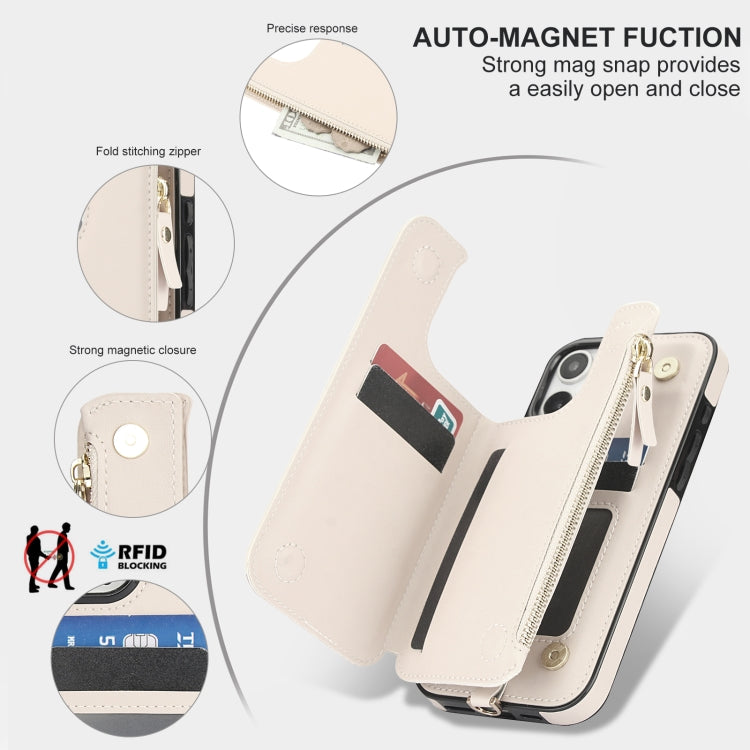 For iPhone 16 Pro Max Double Flap Zipper RFID Leather Phone Case with Short Lanyard