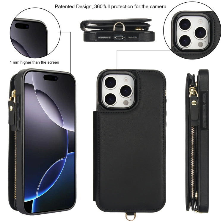 For iPhone 16 Pro Max Double Flap Zipper RFID Leather Phone Case with Short Lanyard