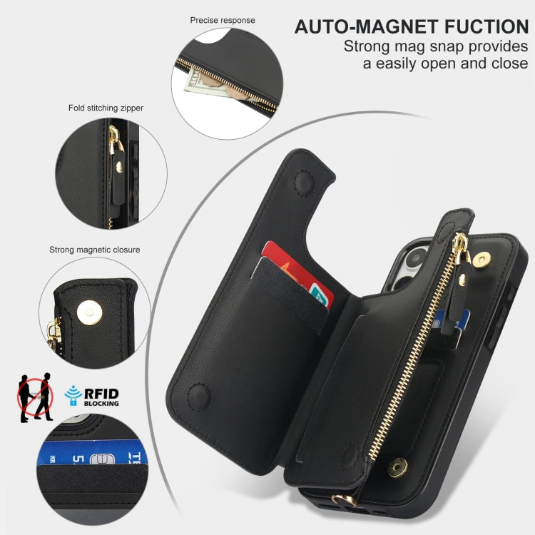 For iPhone 16 Pro Max Double Flap Zipper RFID Leather Phone Case with Short Lanyard