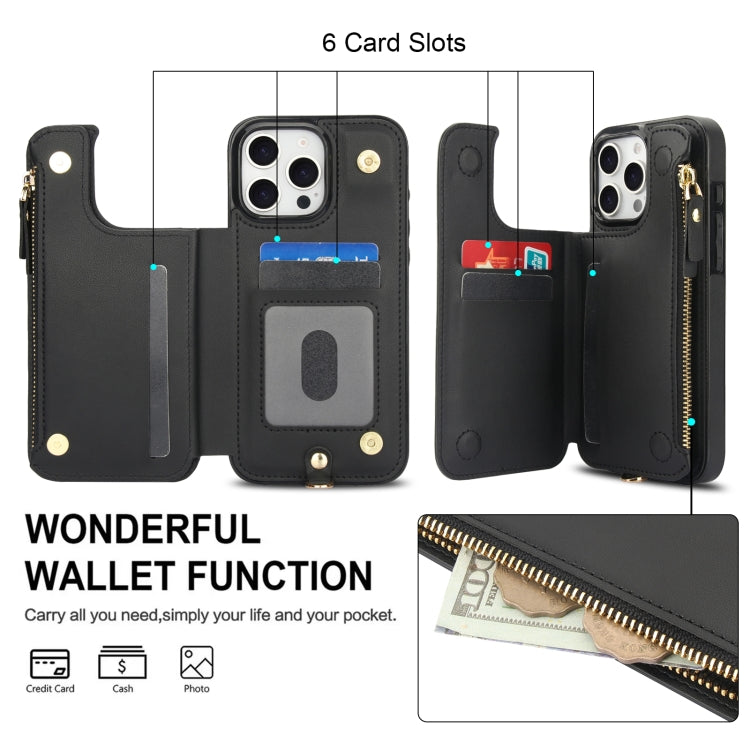 For iPhone 16 Pro Max Double Flap Zipper RFID Leather Phone Case with Short Lanyard