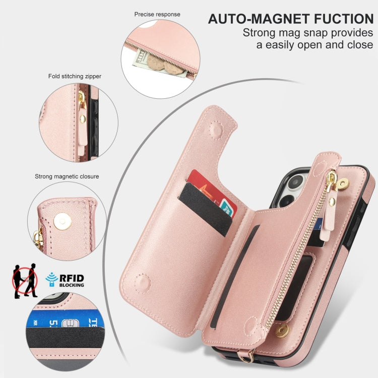 For iPhone 16 Pro Max Double Flap Zipper RFID Leather Phone Case with Short Lanyard