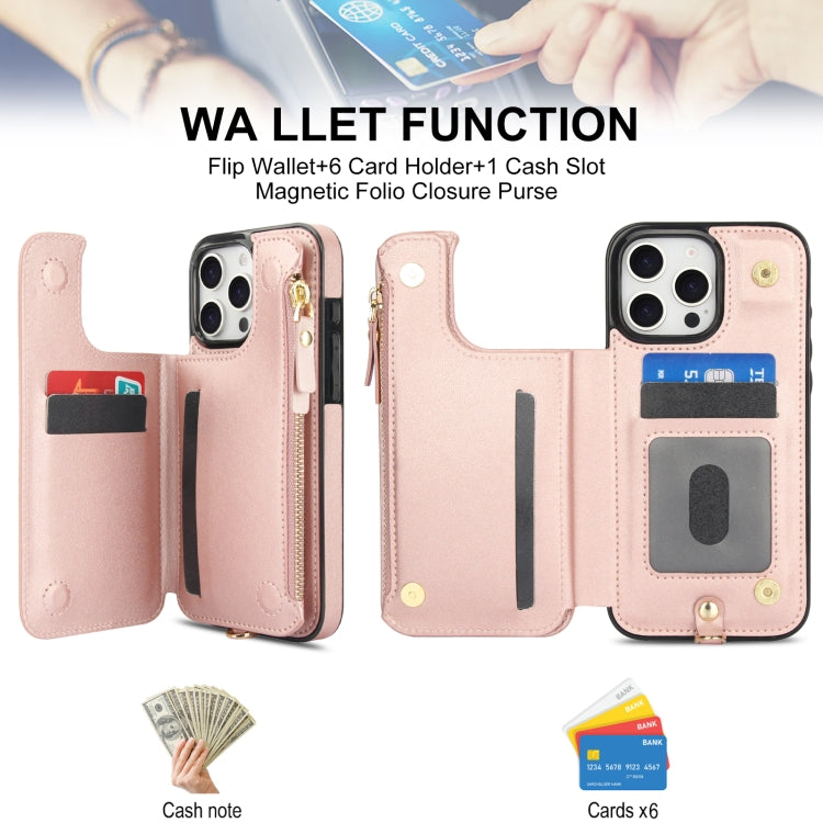 For iPhone 16 Pro Max Double Flap Zipper RFID Leather Phone Case with Short Lanyard