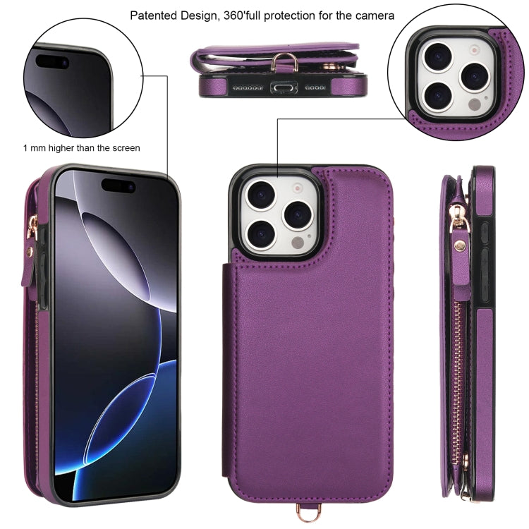 For iPhone 16 Pro Max Double Flap Zipper RFID Leather Phone Case with Short Lanyard