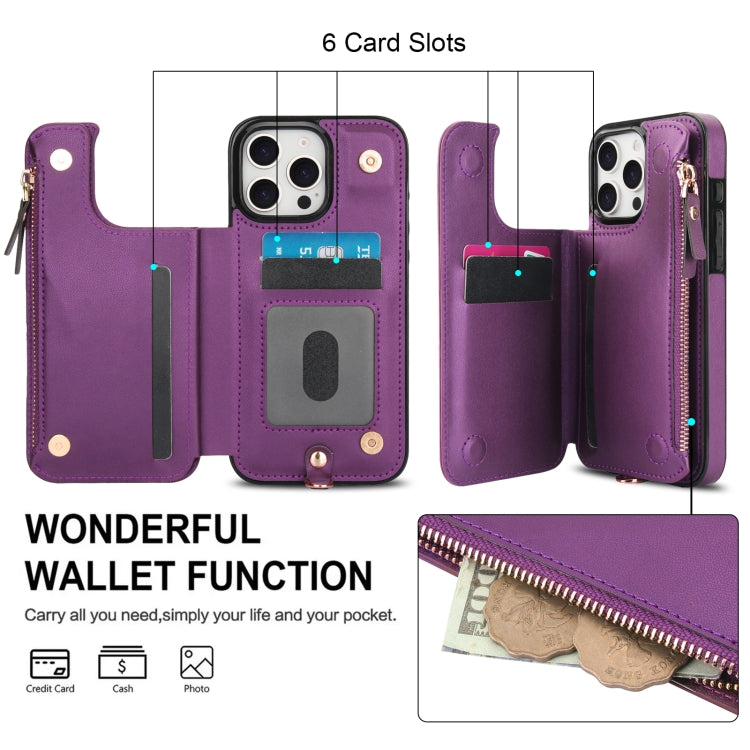 For iPhone 16 Pro Max Double Flap Zipper RFID Leather Phone Case with Short Lanyard