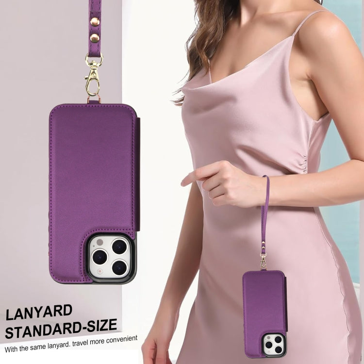 For iPhone 16 Pro Max Double Flap Zipper RFID Leather Phone Case with Short Lanyard