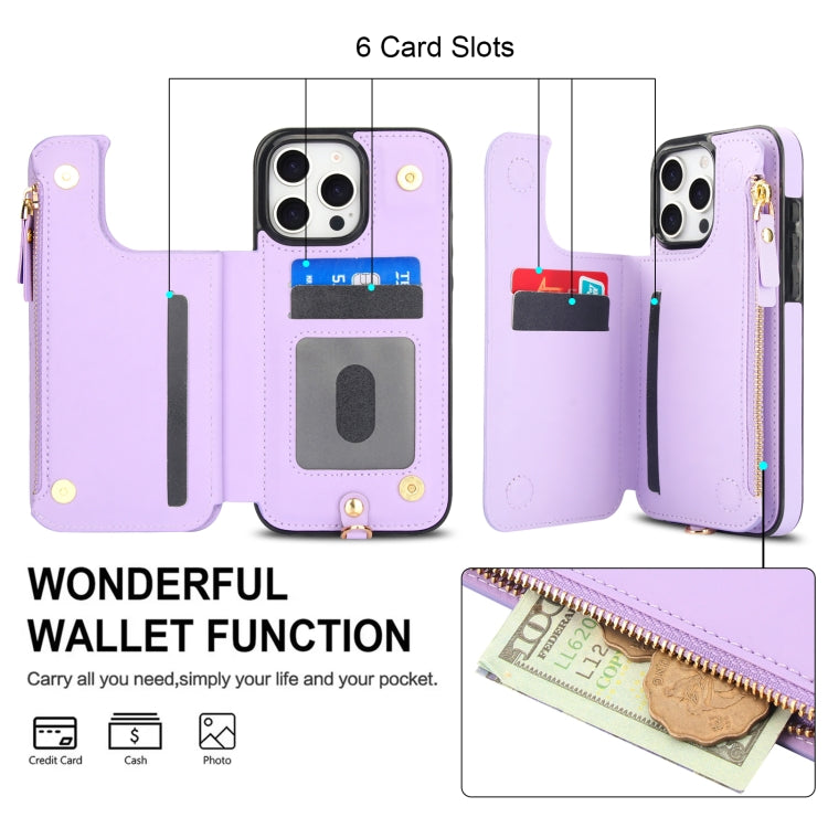 For iPhone 16 Pro Max Double Flap Zipper RFID Leather Phone Case with Short Lanyard
