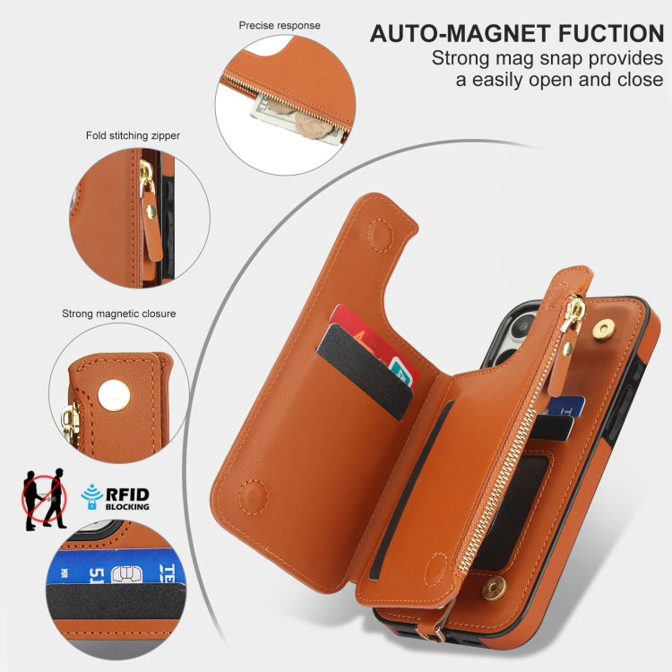 For iPhone 16 Pro Max Double Flap Zipper RFID Leather Phone Case with Short Lanyard