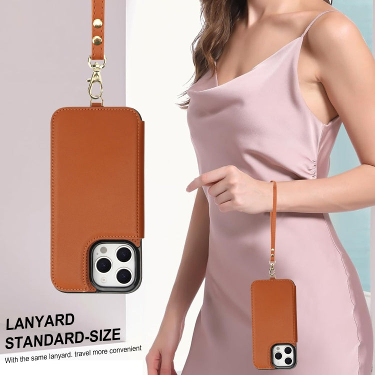 For iPhone 16 Pro Max Double Flap Zipper RFID Leather Phone Case with Short Lanyard