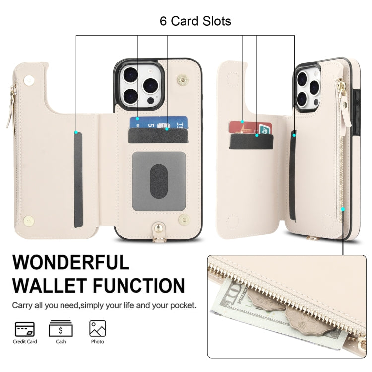 For iPhone 16 Pro Double Flap Zipper RFID Leather Phone Case with Short Lanyard