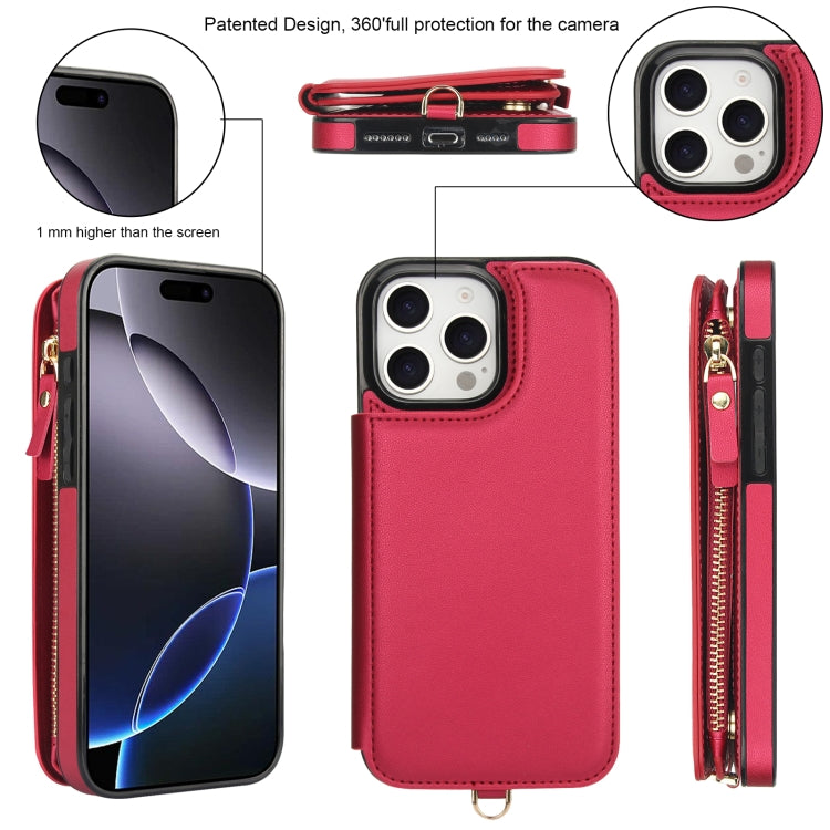 For iPhone 16 Pro Double Flap Zipper RFID Leather Phone Case with Short Lanyard