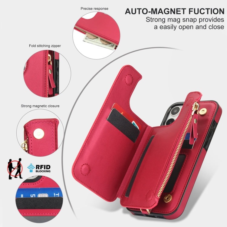 For iPhone 16 Pro Double Flap Zipper RFID Leather Phone Case with Short Lanyard
