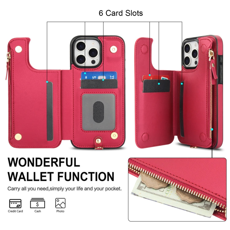 For iPhone 16 Pro Double Flap Zipper RFID Leather Phone Case with Short Lanyard