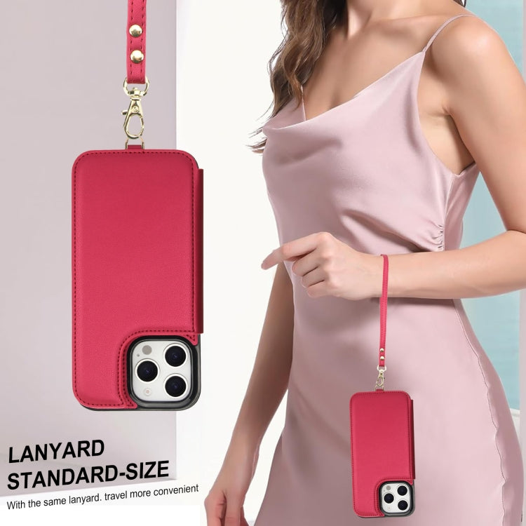 For iPhone 16 Pro Double Flap Zipper RFID Leather Phone Case with Short Lanyard