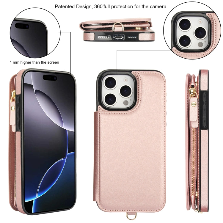 For iPhone 16 Pro Double Flap Zipper RFID Leather Phone Case with Short Lanyard