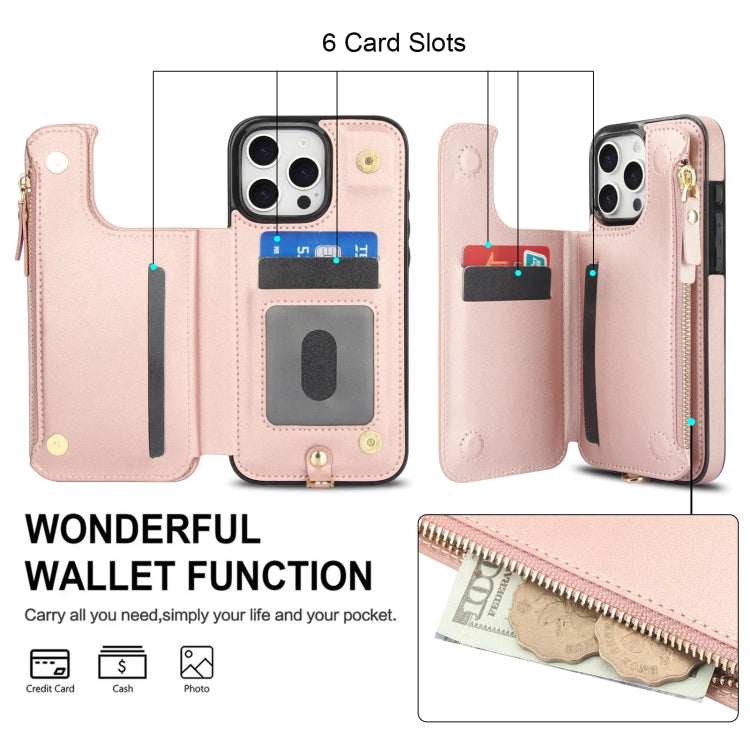 For iPhone 16 Pro Double Flap Zipper RFID Leather Phone Case with Short Lanyard