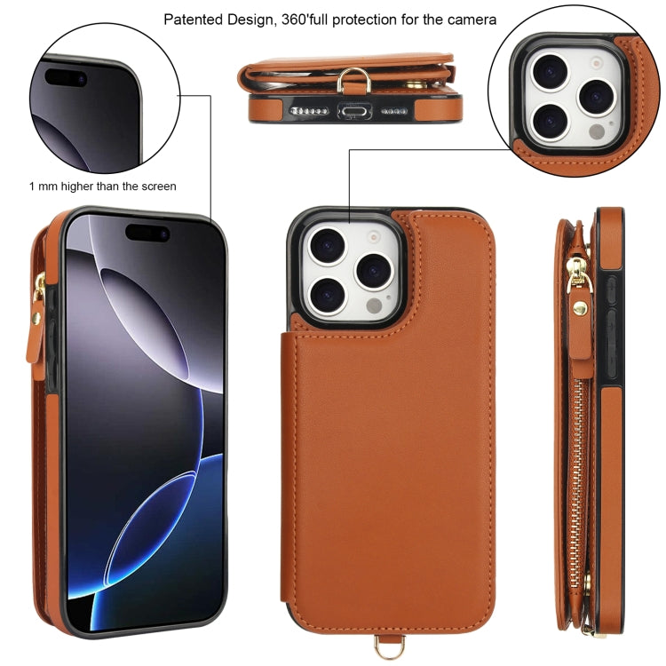 For iPhone 16 Pro Double Flap Zipper RFID Leather Phone Case with Short Lanyard