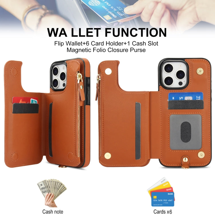 For iPhone 16 Pro Double Flap Zipper RFID Leather Phone Case with Short Lanyard