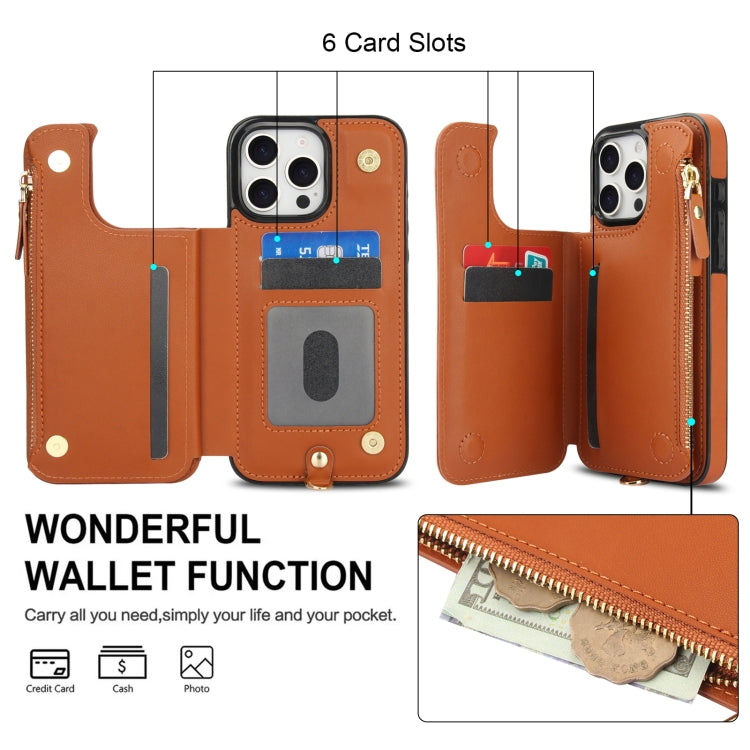 For iPhone 16 Pro Double Flap Zipper RFID Leather Phone Case with Short Lanyard