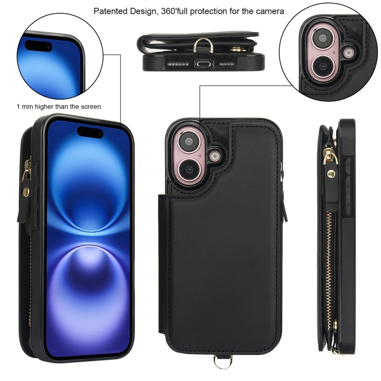 For iPhone 16 Plus Double Flap Zipper RFID Leather Phone Case with Short Lanyard