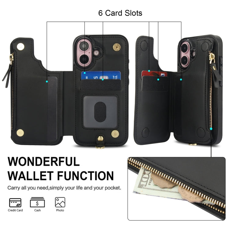 For iPhone 16 Plus Double Flap Zipper RFID Leather Phone Case with Short Lanyard