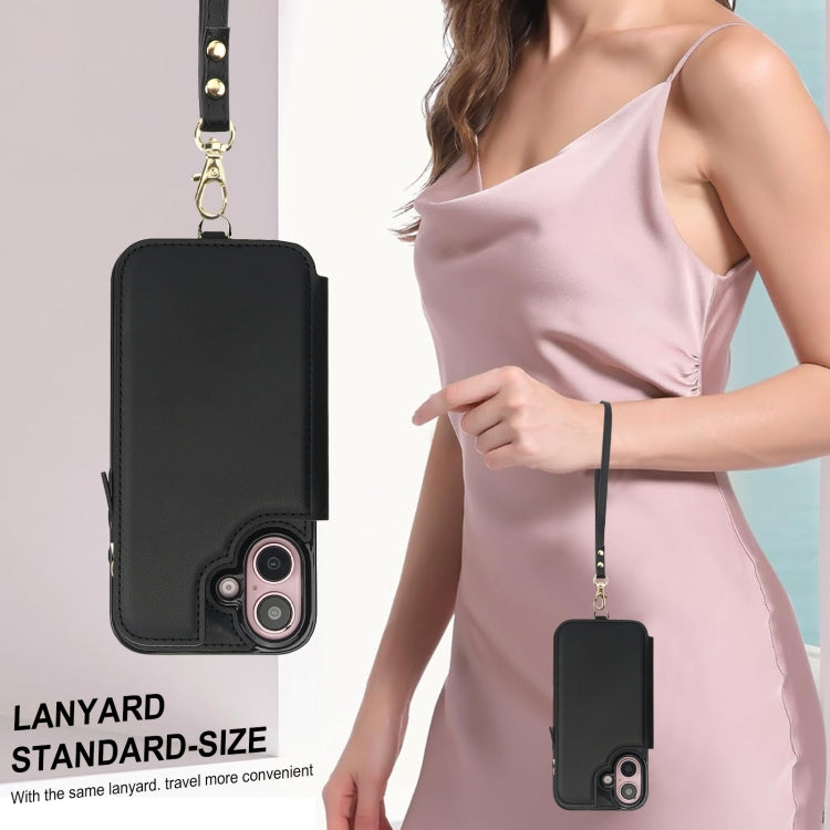 For iPhone 16 Plus Double Flap Zipper RFID Leather Phone Case with Short Lanyard